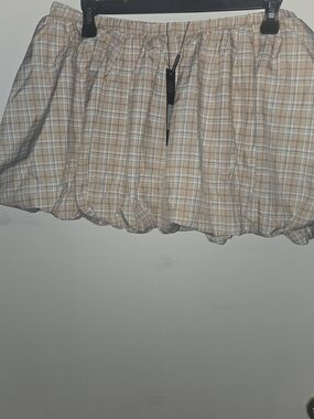 Fashion Nova Beige and White Plaid Bubble Mini Skirt